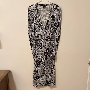 Brown and White Long Sleeve Wrap Dress